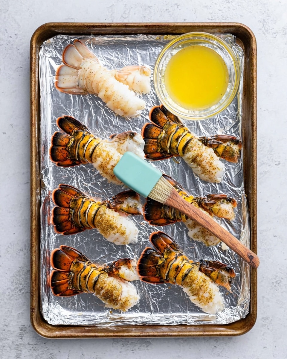 A metal baking tray lined with shiny foil holds eight raw lobster tails arranged in two groups of four on a white marbled surface. Four lobster tails on the left are bare with white and slightly translucent flesh showing, while four tails on the right have a brown seasoning sprinkled over the flesh. Lobster shell segments are orange, black, and yellow with a glossy texture, curling around the edges of each tail. In the center near the top of the tray, there is a small clear glass bowl filled with melted yellow butter, next to a wooden-handled brush with a turquoise blue silicone head resting diagonally across the tray. photo taken with an iphone --ar 4:5 --v 7