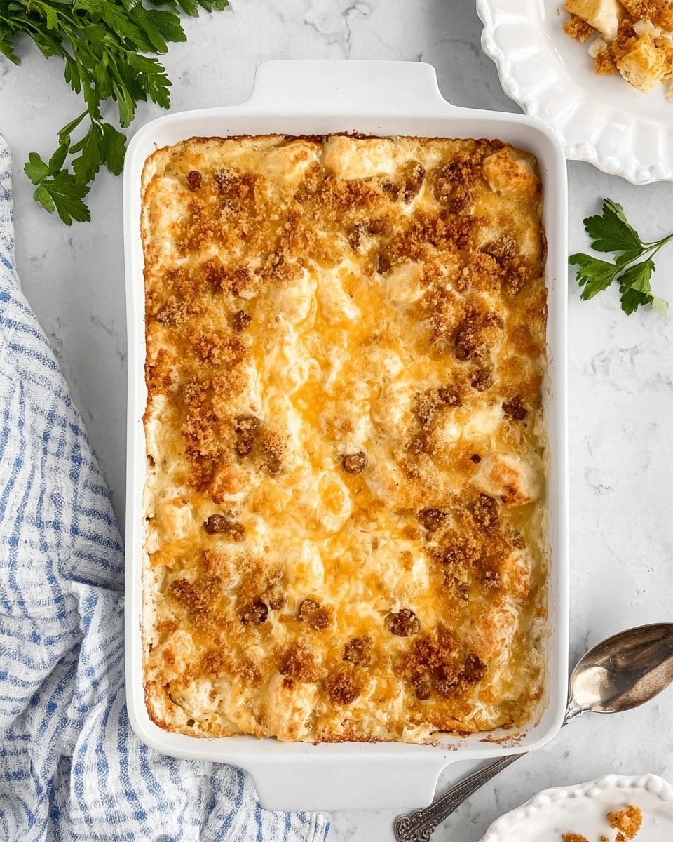 A white rectangular baking dish filled with a baked casserole showing three clear layers: the top layer is golden brown and crumbly with scattered small browned bits, the middle layer has melted pale yellow cheese with some darker toast spots, and the bottom layer is creamy off-white with soft pieces of food mixed in. The dish is placed on a white marbled surface with a white and blue checkered cloth on the left side. In the top right corner, part of a white scalloped plate with golden food crumbs is visible, and at the bottom right there is a white plate with a silver spoon resting on it. Some green parsley leaves are seen in the upper left corner. photo taken with an iphone --ar 4:5 --v 7