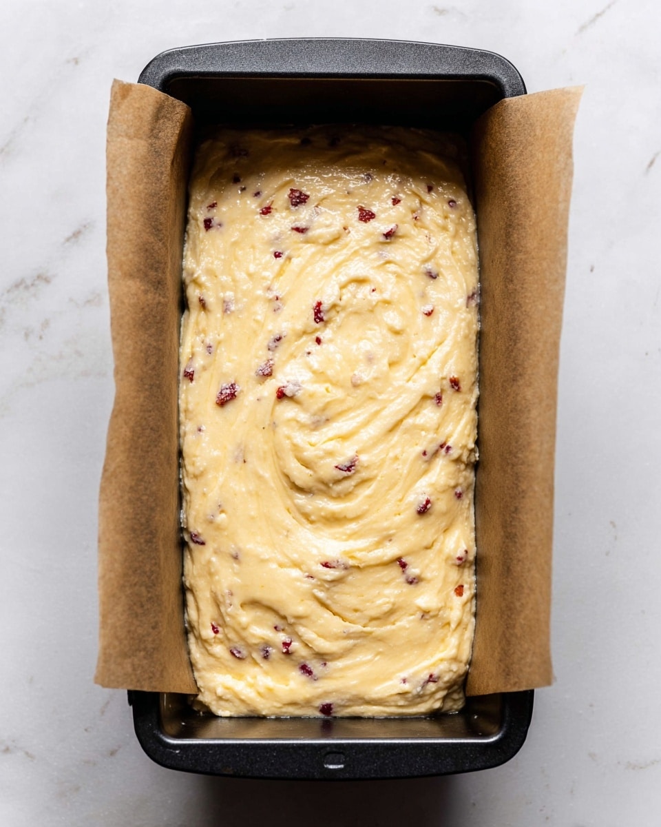 A black baking loaf pan lined with parchment paper holds a thick batter spread evenly inside. The batter is light yellow with scattered small black specks and visible small red bits mixed throughout. The surface of the batter is smooth with some soft swirls and slight ridges, giving it a textured look. The pan sits on a white marbled surface. photo taken with an iphone --ar 4:5 --v 7