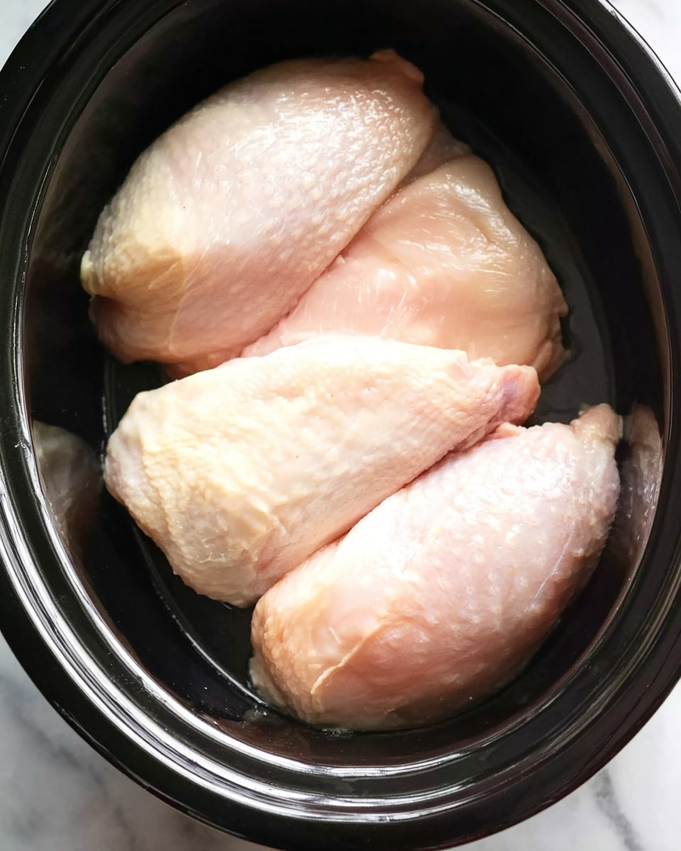 Three raw chicken pieces with pale pink and white tones lie closely inside a black oval slow cooker on a white marbled surface. The chicken pieces are smooth and shiny with some visible texture from the skin and muscle, arranged in a row from left to right. The inside of the slow cooker is glossy and reflects light softly. photo taken with an iphone --ar 4:5 --v 7