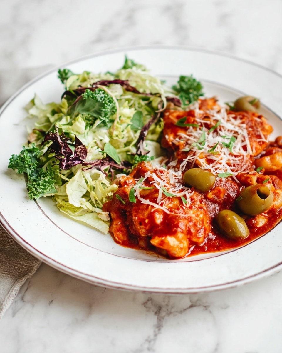 The dish shows two main parts on a white plate with a thin silver rim placed on a white marbled surface. On one side, there are pieces of chicken covered in a thick red tomato sauce mixed with small pasta shapes and whole green olives, topped with a light sprinkle of white grated cheese. On the other side, there is a fresh salad made of shredded green and purple cabbage with some leafy green kale mixed in, giving a crunchy texture contrast and fresh look. The colors are vivid with reds, greens, and whites all showing clearly. Photo taken with an iphone --ar 4:5 --v 7
