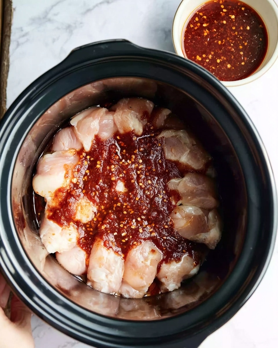 Inside a black slow cooker, there are pieces of raw chicken arranged in a single layer at the bottom. On top of the chicken, a dark red sauce with a shiny texture and small bits of seasoning is spread evenly. The slow cooker sits on a white marbled surface, and to the right, a woman's hand is partially visible holding a small white bowl filled with more sauce. Photo taken with an iphone --ar 4:5 --v 7