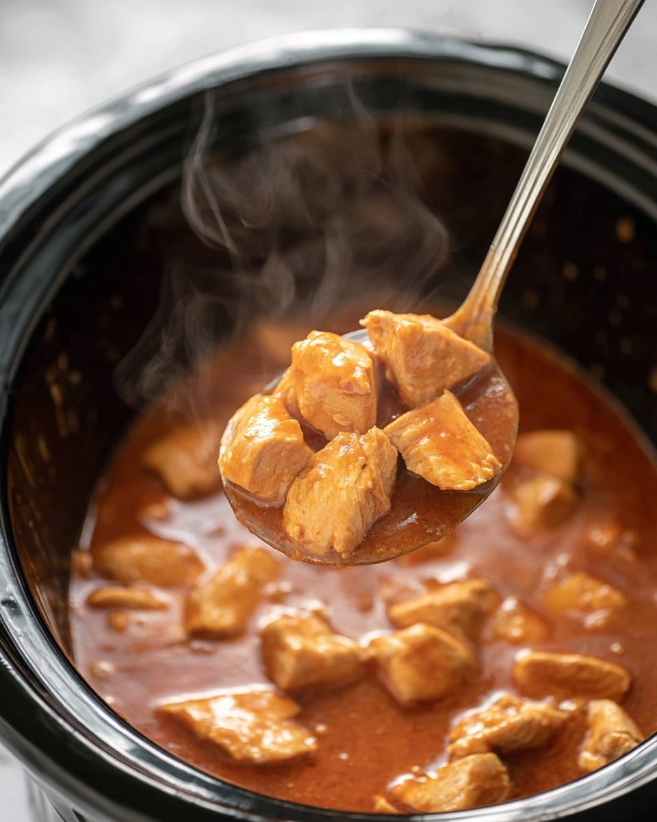 The image shows chunks of light brown cooked chicken in a thick, shiny orange-brown sauce inside a black slow cooker. A silver spoon lifts several pieces of chicken out of the sauce, which has a smooth and slightly glossy texture. Steam rises from the chicken, adding a fresh, hot feel. The slow cooker’s inside is dark, making the chicken and sauce colors stand out clearly. The background is a white marbled texture photo taken with an iphone --ar 4:5 --v 7