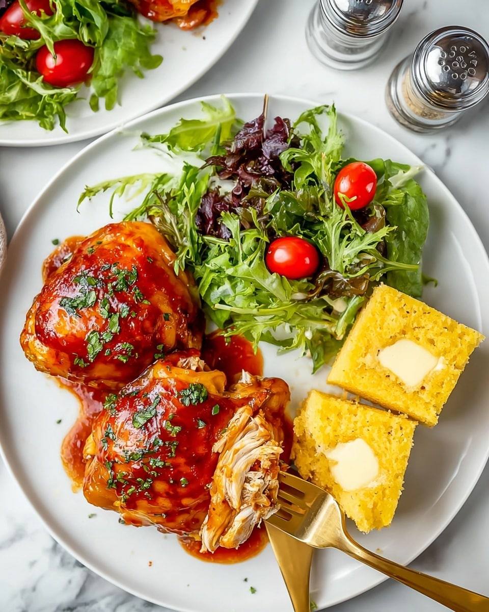 A white plate shows three layers: on the left, two pieces of golden-brown glazed chicken thighs with a shiny reddish sauce and sprinkled green herbs, one piece partially shredded with visible soft white meat under the sauce; in the top right, a small fresh salad with different green leafy vegetables and bright red cherry tomatoes; at the bottom right, two pieces of yellow cornbread with a smooth spread of melted butter on each piece. A gold fork touches the shredded chicken, and the plate is on a white marbled surface with salt and pepper shakers nearby. photo taken with an iphone --ar 4:5 --v 7