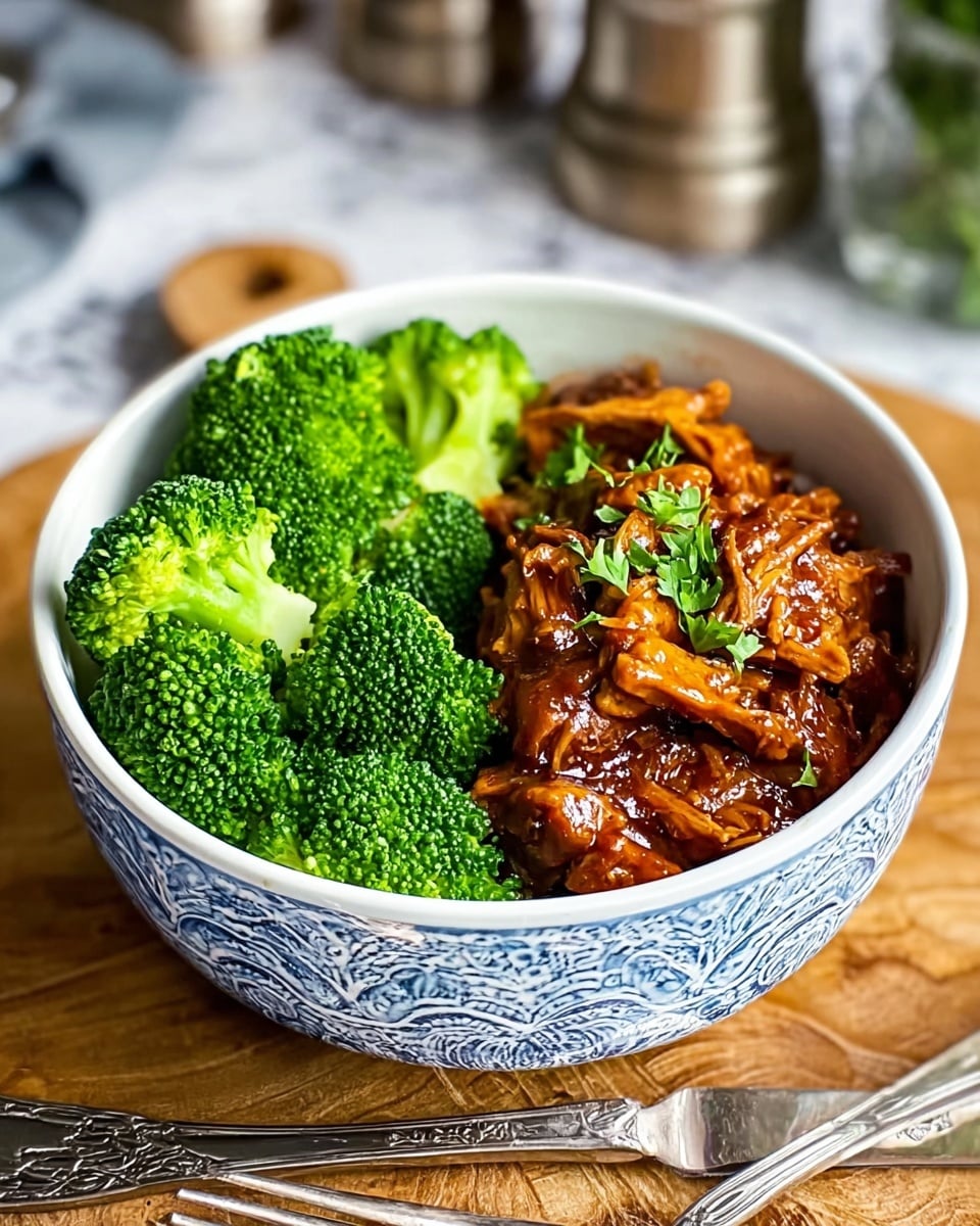 A white bowl with blue patterns on the outside holds a two-part meal: on one side there are bright green, fresh broccoli florets with a rough texture; on the other side, there is a rich, glossy brown shredded dish coated in sauce, topped with a few small green leaves for garnish. The bowl sits on a wooden surface with silver forks nearby and a blurred background with kitchen items. The whole scene is set on a white marbled texture photo taken with an iphone --ar 4:5 --v 7