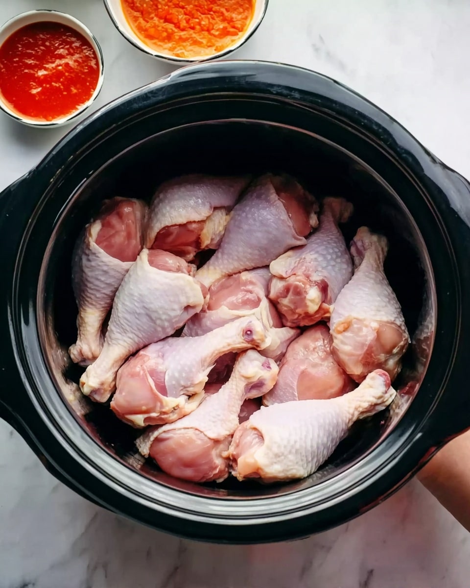 The image shows a black slow cooker filled with raw pink chicken legs arranged closely together in one layer. The inside surface of the cooker is smooth and dark, contrasting with the pale pink skin of the chicken. Around the cooker, there are small white bowls with bright red and orange sauces on a white marbled surface, adding color to the scene. A woman's hand is partly visible at the edge of the image, touching the cooker. Photo taken with an iphone --ar 4:5 --v 7