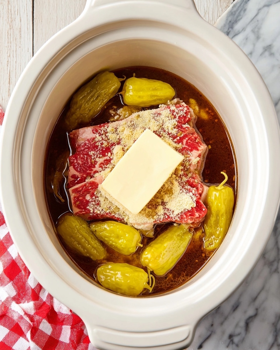 A white slow cooker bowl is filled with layers starting at the bottom with a dark brown sauce. On top of this, there is a piece of raw red meat sprinkled with a light beige powder. Above the meat rests a thick rectangular stick of pale yellow butter placed in the center. Around the meat and butter, several whole yellow-green pepperoncini peppers with stems are scattered evenly. The slow cooker sits on a white marbled surface with a red and white checkered cloth partially visible at the bottom left corner. Photo taken with an iphone --ar 4:5 --v 7