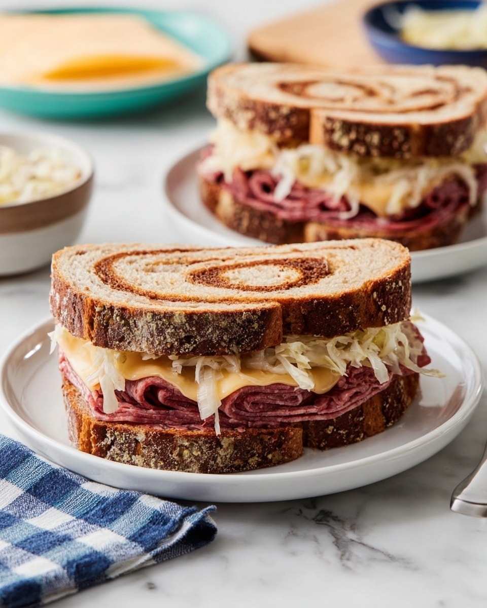 Two sandwiches are on white plates on a white marbled surface. Each sandwich has three layers of swirl rye bread that is brown and light tan in color. Inside each sandwich, the bottom layer consists of melted cheese that is light yellow with a slightly creamy texture. Above the cheese, there is a layer of pinkish-red meat slices that look thick and tender. On top of the meat, there is a layer of pale white shredded cabbage or sauerkraut. The sandwiches are cut in half with one half standing against the other to show the inside layers. A blue and white checkered cloth is near the front plate, and blurred dishes are in the background. Photo taken with an iphone --ar 4:5 --v 7