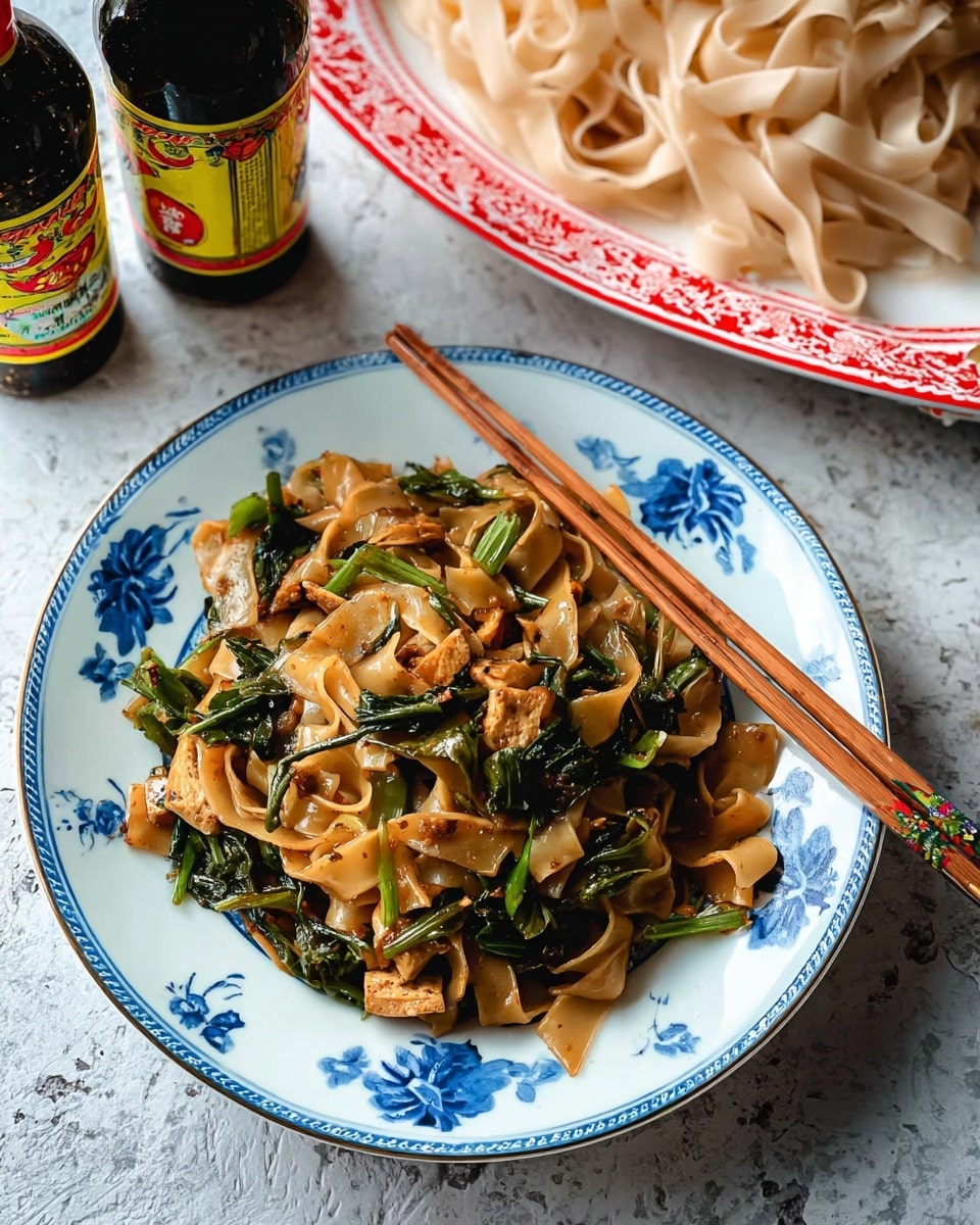 A white plate with a blue flower pattern holds a serving of wide, flat brown noodles mixed with dark green leafy vegetables and pieces of light brown tofu or similar protein. The noodles and vegetables are well coated in sauce, giving them a slight shine. The plate has wooden chopsticks resting on its edge. In the background, there is a white plate with a red decorative rim holding plain, light-colored flat noodles and bottles of dark soy sauce with yellow and red labels. The setting is on a white marbled textured surface. Photo taken with an iphone --ar 4:5 --v 7