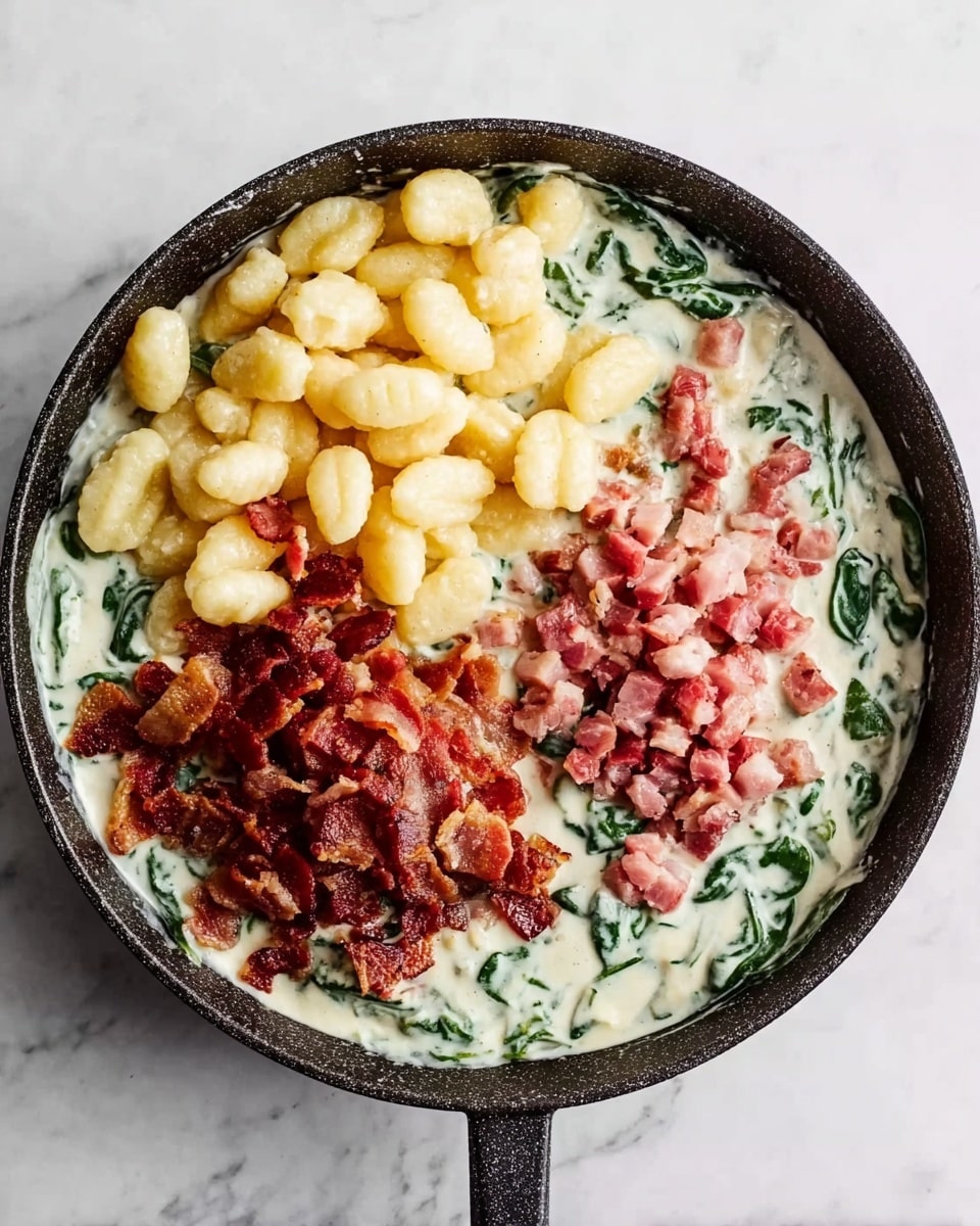 A black pan sits on a white marbled surface, filled with four main layers of food. The bottom layer is a creamy white sauce with hints of green spinach leaves mixed throughout, creating a textured base. On top of the sauce, the upper left section shows a neat pile of light yellow gnocchi with a soft texture. The bottom left section has a cluster of browned bacon pieces with a crispy, rough texture. Above the bacon and to the right of the gnocchi, small chunks of pinkish-red meat are spread, contrasting with the smooth cream and spinach layer. photo taken with an iphone --ar 4:5 --v 7