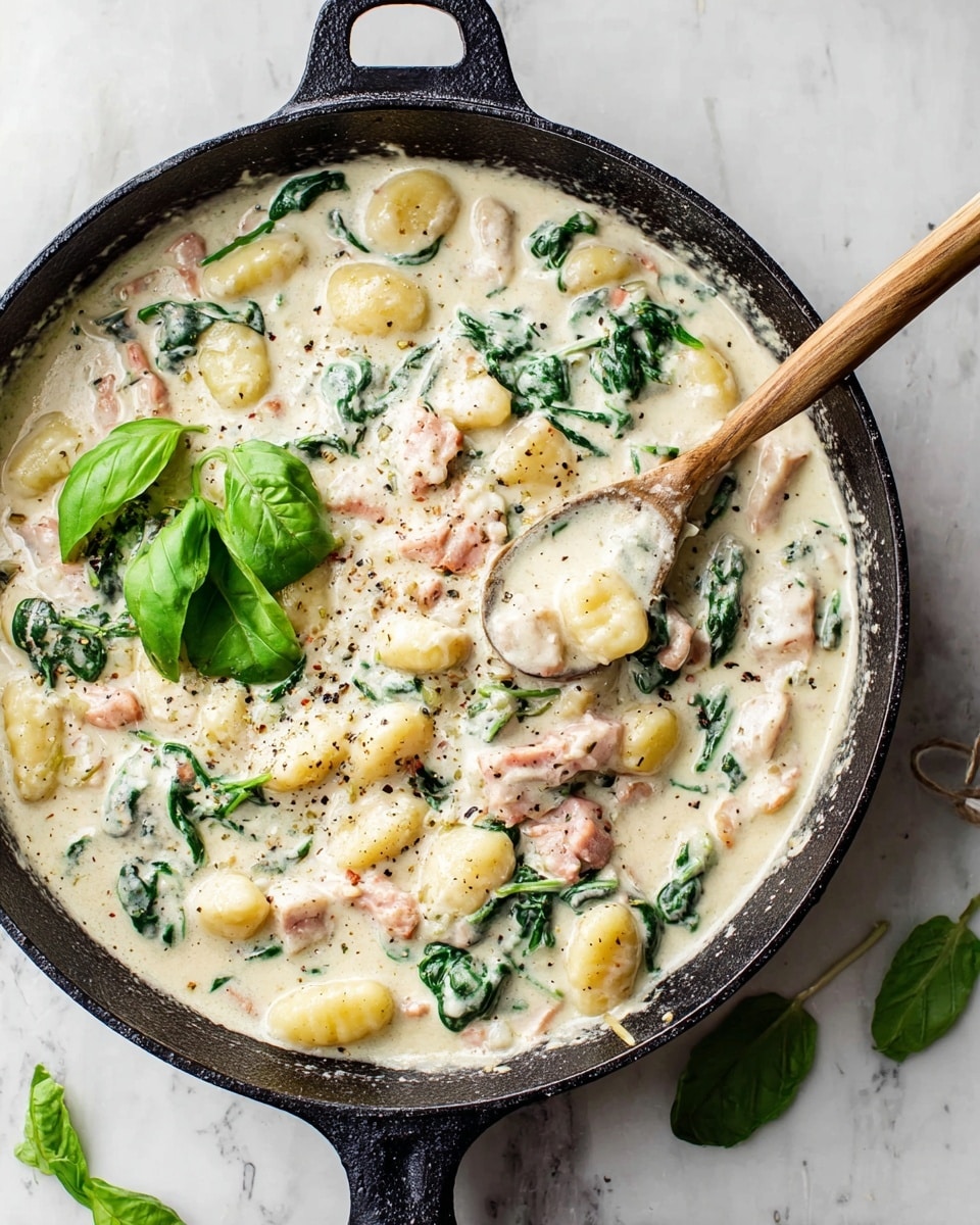 A black cast iron pan holds a creamy dish with about three layers visible: the first layer is small yellow gnocchi pieces spread throughout, the second layer consists of cooked green spinach leaves mixed evenly, and the third layer shows tender light pink meat slices scattered in the creamy white sauce with black pepper specks. A wooden spoon with a long handle stirs the dish in the center, lifting some gnocchi and sauce, and there are a few fresh green basil leaves on top. The pan sits on a white marbled surface with some loose basil leaves nearby. photo taken with an iphone --ar 4:5 --v 7
