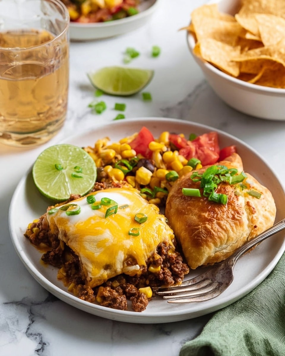 A white plate holds a layered dish with three main sections: on the left is a lime wedge, next to it in the center is a baked layer with melted yellow cheese and white creamy sauce on top of a brown meat layer, and on the right is a golden-brown baked pastry topped with chopped green onions. Behind these layers is a mix of browned meat, bright yellow corn kernels, and red tomatoes, scattered with green onion slices. A silver fork rests on the right side of the plate. In the background, a glass of light brown drink, broken tortilla chips, and a white bowl with lime wedges sit on a white marbled surface. Photo taken with an iphone --ar 4:5 --v 7