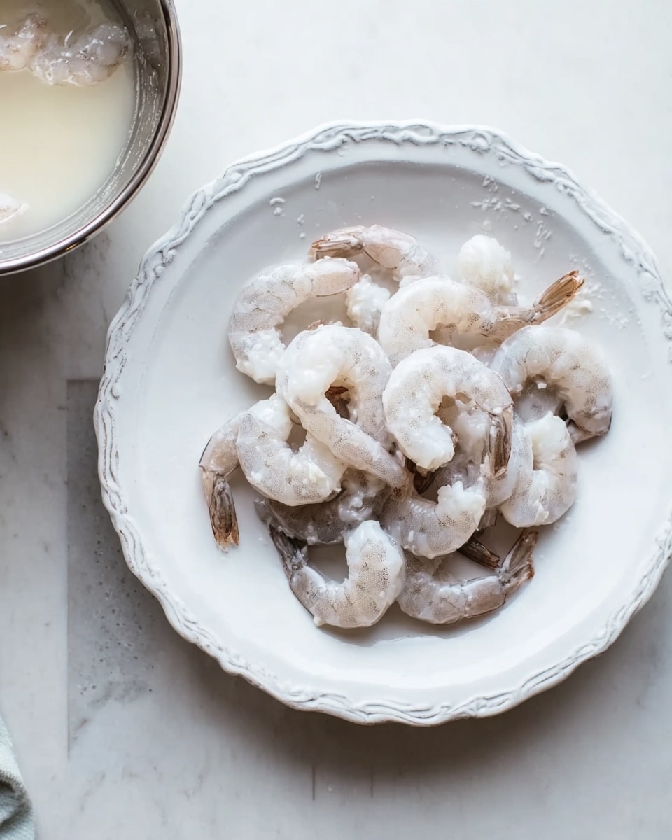 A white scalloped plate holds a pile of raw shrimp that are wet and white with a hint of pink and gray, arranged loosely with some shrimp facing different directions. The plate sits on a white marbled surface, and to the left edge of the image, there is a metal bowl with white liquid and a few shrimp pieces floating in it. The lighting is soft and natural, creating gentle shadows and highlights on the shrimp and plate, giving a fresh and clean look to the scene. Photo taken with an iphone --ar 4:5 --v 7