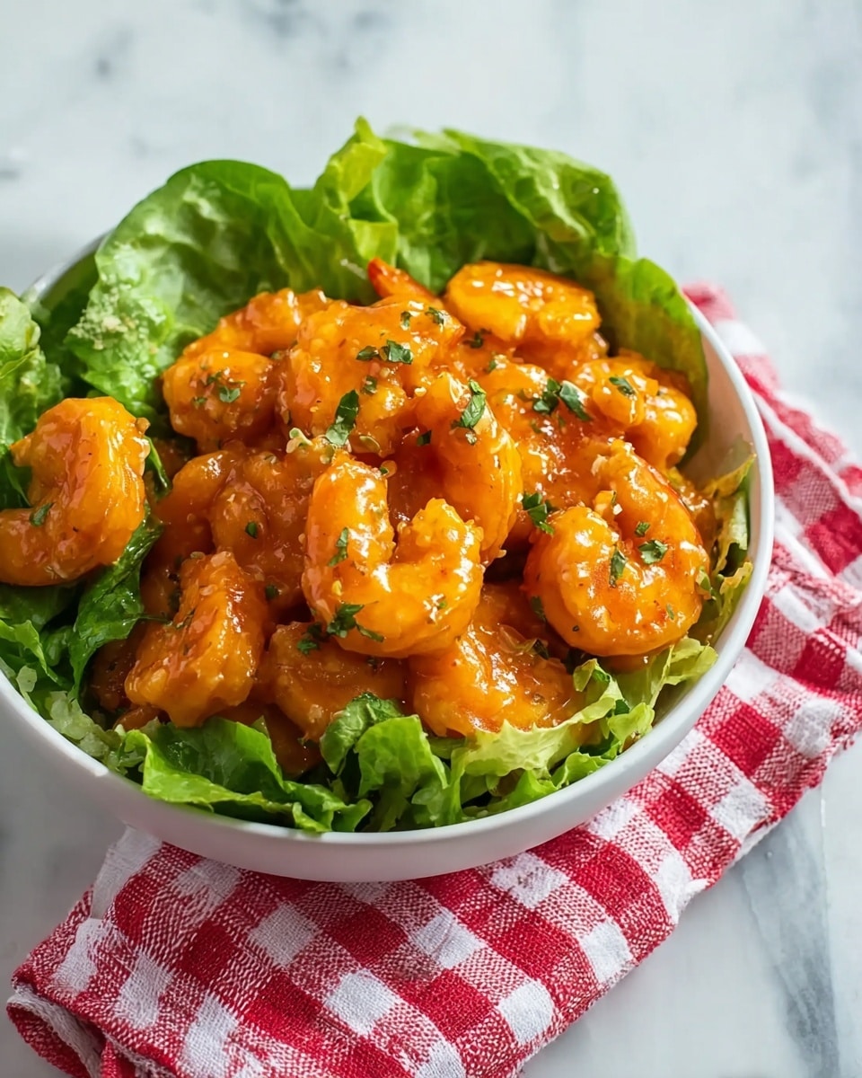 A white bowl filled with several bright orange pieces of shrimp covered in a thick sauce sits on a bed of fresh green lettuce leaves. The shrimp pieces are shiny and evenly coated, with small green herb pieces sprinkled on top, adding touch of color. The bowl is placed on a white marbled surface, next to a red and white checkered cloth, which gives a cozy feel. photo taken with an iphone --ar 4:5 --v 7