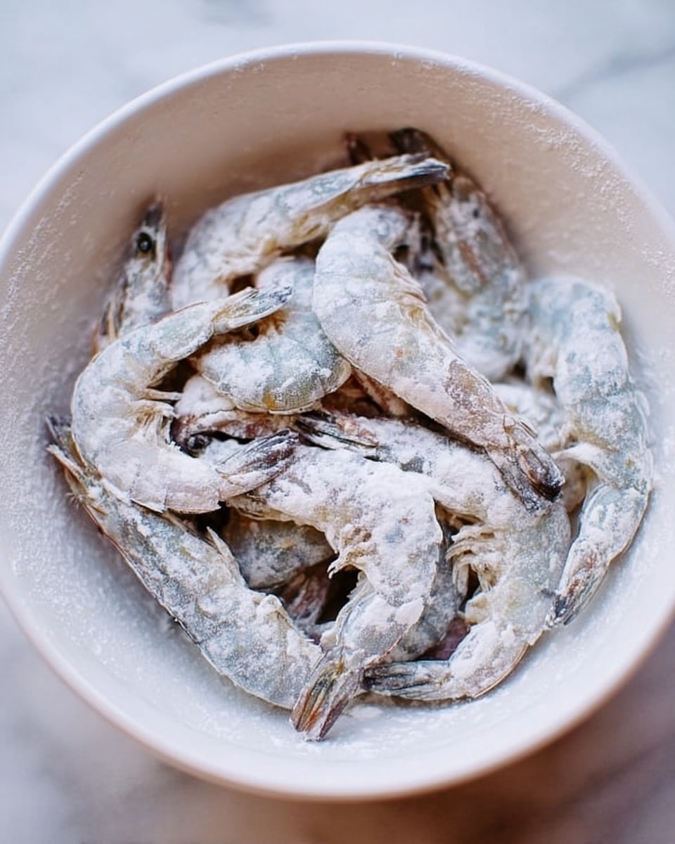 A white bowl filled with raw shrimp covered in a thin layer of white flour. The shrimp are whole, with shells and tails still on, lying loosely in the bowl. The shrimp have a light bluish-grey color under the flour. The bowl sits on a white marbled surface. Photo taken with an iphone --ar 4:5 --v 7