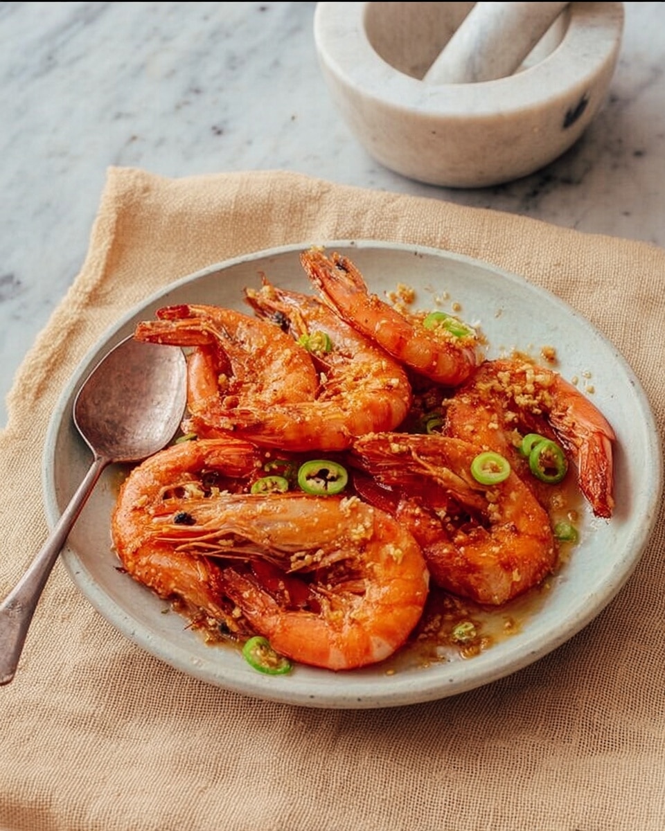 A round white plate holds a mound of reddish-orange cooked shrimp with shells on, arranged loosely in layers. The shrimp are sprinkled with small pieces of green chili slices scattered on top and around them. The texture of the shrimp looks lightly seasoned and slightly rough, showing spices and bits of garlic. The plate sits on a beige cloth over a white marbled surface. Nearby, a silver spoon and a white marble mortar with a pestle rest, adding to the rustic kitchen scene. photo taken with an iphone --ar 4:5 --v 7