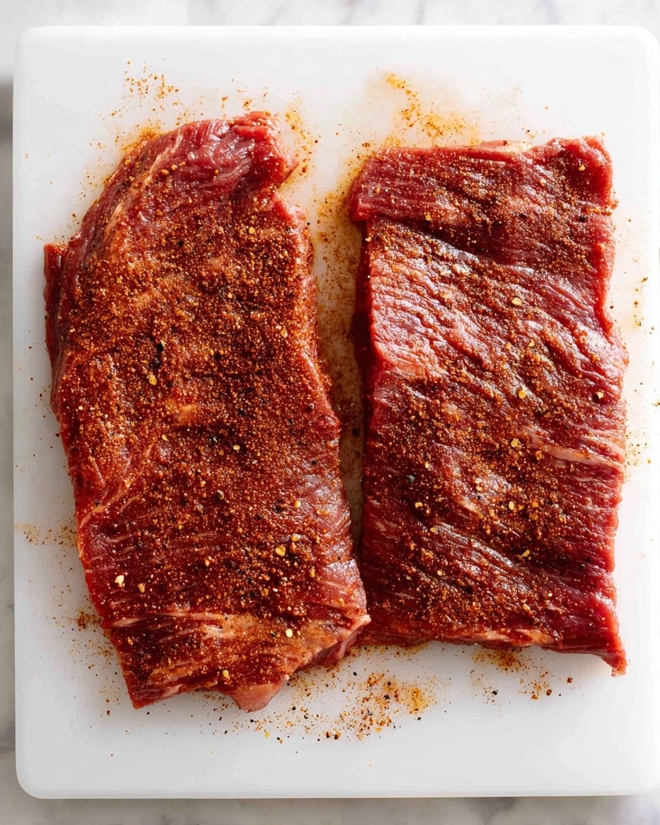 Two flat pieces of raw red meat lie side by side on a white cutting board placed on a white marbled surface. The meat is covered with a reddish-brown spice rub, showing a slightly coarse texture and small granules of seasoning evenly spread over the surface. The pieces have a marbled look with visible muscle fibers and are surrounded by small traces of the spice mix on the board. photo taken with an iphone --ar 4:5 --v 7