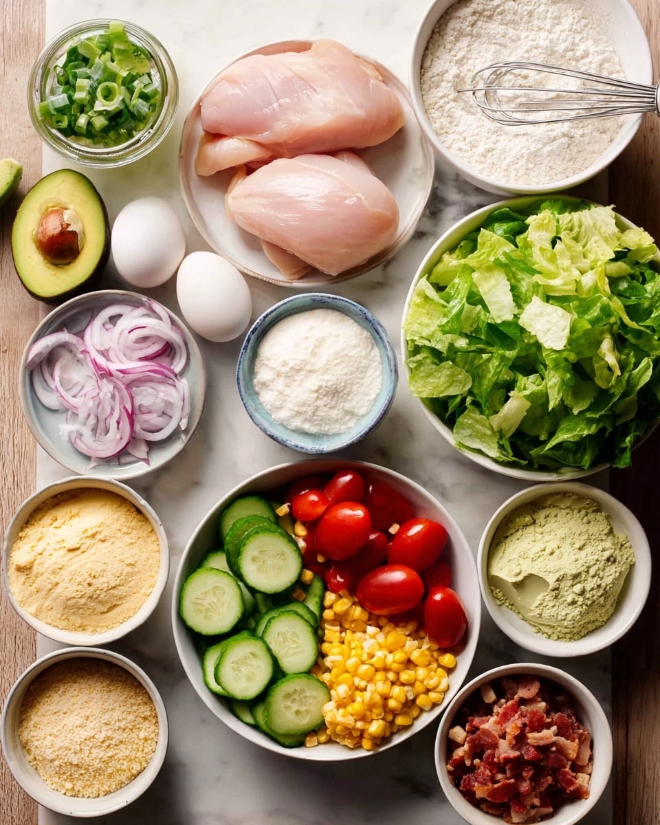 The image shows an overhead view of various ingredients arranged in white bowls on a white marbled surface. There's a bowl with two pale pink raw chicken pieces near two brown eggs, next to a bowl of white flour with a small whisk. Chopped green lettuce fills a larger bowl in the center, surrounded by sliced cucumber, thin red onion slices, bright yellow corn kernels, and halved cherry tomatoes in their own bowls. Other bowls contain light brown crumbled bacon pieces, gym green avocado halves, and two different kinds of pale yellow and beige powders. Each ingredient is clearly separated and colorful, creating a fresh and vibrant display. photo taken with an iphone --ar 4:5 --v 7