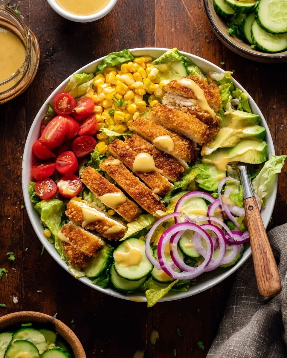 A white bowl filled with a fresh salad containing bright green lettuce leaves as the base layer. On top are crisp slices of golden brown breaded chicken pieces covered lightly with a glossy mustard sauce. Surrounding the chicken are vibrant layers of red cherry tomato halves, bright yellow corn kernels, chunks of light green avocado, thin circular slices of pale green cucumber with dark green edges, and rings of purple-red onion. A silver fork with a wooden handle is resting on the side of the bowl. The bowl is placed on a dark wooden surface, with small bowls of sauce and cucumber slices nearby. Photo taken with an iphone --ar 4:5 --v 7