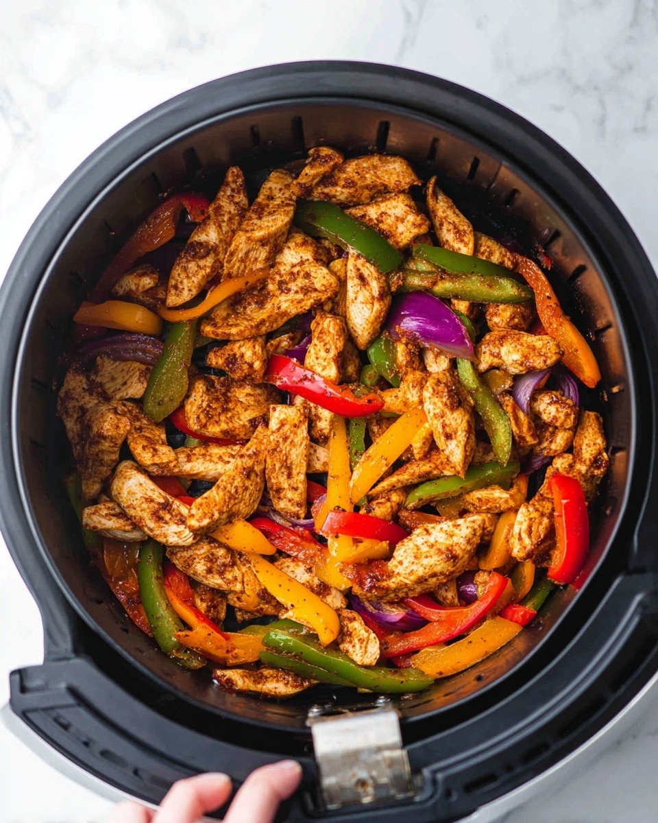 The image shows a black air fryer basket filled with cooked chicken strips and colorful bell pepper slices. The chicken pieces are golden brown with a slightly crispy texture, spread evenly throughout. Mixed with the chicken are red, green, yellow, and orange bell pepper strips, along with some purple onion slices, adding bright pops of color. The food layers are well mixed and sit inside the round basket, which is partially lifted by a woman's hand. The background surface is white with a subtle marble texture. Photo taken with an iphone --ar 4:5 --v 7