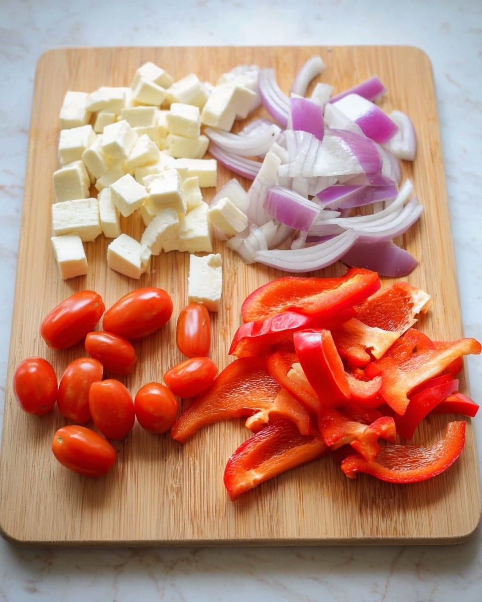 The image shows a wooden cutting board on a white marbled texture surface with four groups of chopped ingredients. At the top left, there are small white cheese cubes arranged neatly. Below them, there are bright red cherry tomatoes, some whole and some cut to show the juicy inside. On the right side of the board, thin purple and white strips of onion lie at the top, while below them, slices of red bell pepper with shiny, smooth skin are spread out. The colors are vibrant, and the textures of the fresh vegetables and cheese contrast with the warm light wood board. Photo taken with an iphone --ar 4:5 --v 7