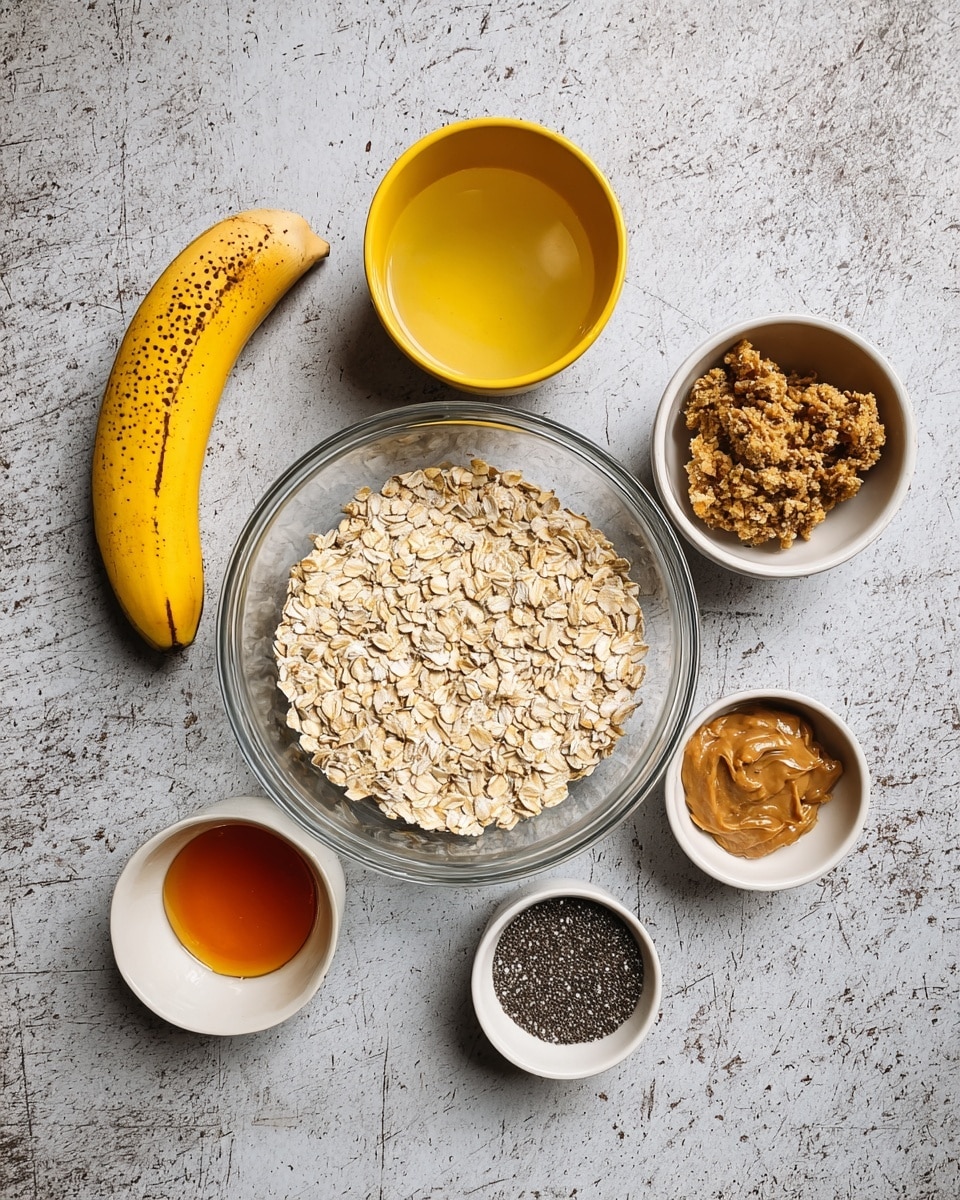 A clear glass bowl sits in the center on a white marbled surface with a layer of light beige rolled oats inside. Surrounding the bowl are five small white bowls, each containing different ingredients: one with a pale yellow liquid, one with a crumbly brown substance, one with thick light brown peanut butter, one with tiny black chia seeds, and one with a dark liquid. To the left of these bowls is a speckled ripe banana and a small yellow bowl filled with a golden liquid, possibly honey. The arrangement is neat and colorful with natural textures, photo taken with an iphone --ar 4:5 --v 7