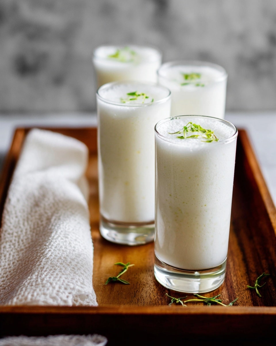 The image shows three clear glasses filled with a white frothy drink, each topped with small green herb sprigs. Two glasses are placed closely on a carved wooden surface with dark brown and warm reddish tones and intricate patterns, while the third glass is positioned to the left on a white marbled textured surface. The frothy texture of the drink contrasts with the smooth, shiny glass rims and the delicate green herbs on top, creating a fresh look. Photo taken with an iphone --ar 4:5 --v 7
