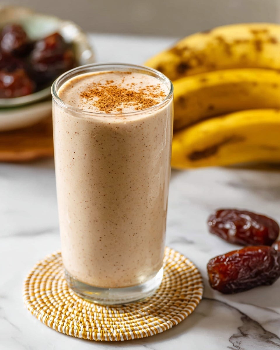 Two clear tall glasses filled with creamy light beige banana smoothie, each topped with a sprinkle of brown cinnamon powder. The glasses are placed on round woven coasters with golden and white patterns, resting on a white marbled surface. In the background, three ripe yellow bananas with brown spots lie on a wooden board, next to a white plate with a blue rim holding dark brown dates. Photo taken with an iphone --ar 4:5 --v 7