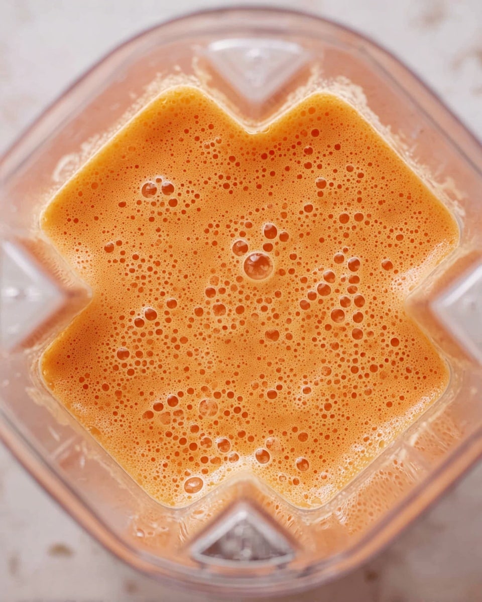 A close-up top view of an orange smoothie inside a clear blender container, showing the smooth, frothy texture with many small bubbles on the surface. The blender is placed on a white marbled textured surface. The blender's clear plastic walls slightly frame the smoothie. photo taken with an iphone --ar 4:5 --v 7