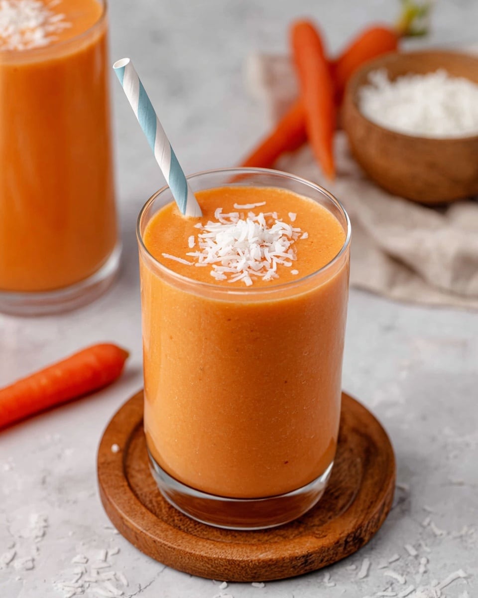 A clear glass filled with a smooth, thick orange smoothie topped with white shredded coconut flakes on the surface. A blue and white striped straw is inserted into the drink near the edge. The glass sits on a round wooden coaster placed on a white marbled surface. In the background, there is a white wooden bowl with more white shredded coconut and two fresh whole carrots with a vibrant orange color, slightly blurred to keep focus on the smoothie. Photo taken with an iphone --ar 4:5 --v 7