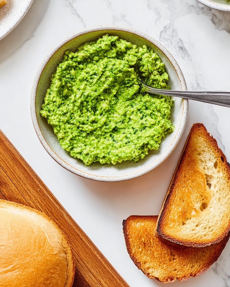 The image shows a close-up of a round white plate with two toasted bread slices, one ring-shaped and one triangular, both with golden-brown crust and light soft texture inside, placed on a white marbled surface. Next to the plate is a round bowl filled with a bright green mashed avocado mixture, textured with small chunks, and a silver spoon resting in it. Below, part of a wooden board with a light brown bun is visible. Photo taken with an iphone --ar 4:5 --v 7
