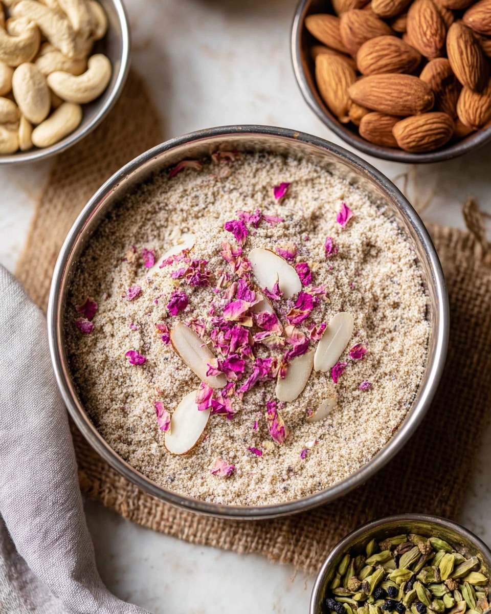 A round silver bowl is filled with a light tan powder with a grainy texture, sprinkled with small pink flower petals and thin white almond slices scattered on top. The bowl sits on a white marbled textured surface covered partially by burlap fabric. Around the bowl are smaller round silver bowls containing whole almonds, cashew nuts, and green spices with some black peppercorns visible. A light gray cloth napkin is folded near the left side of the main bowl. The photo is bright and clear, showing detailed textures of the powder and nuts, photo taken with an iphone --ar 4:5 --v 7
