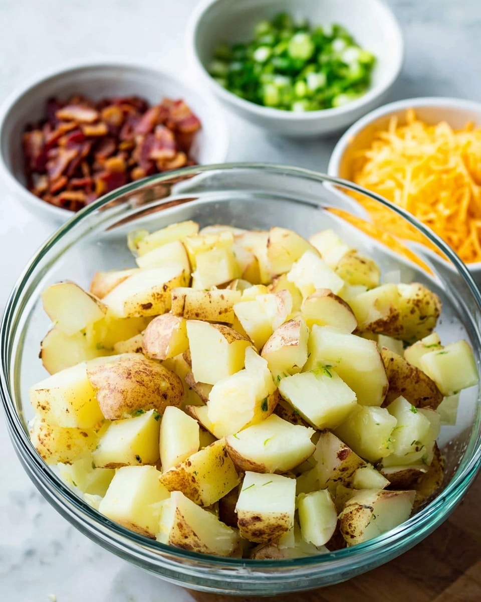 A clear glass bowl is filled with several layers of chopped potatoes, each piece varying in light yellow and brown skin colors, with rough textures on the skin and smooth, soft surfaces on the inside. Behind the bowl, there are three small white bowls arranged in a row, each filled with different toppings: crispy brown bacon bits on the left, bright green chopped herbs in the middle, and shredded yellow cheese on the right. The whole scene is set on a white marbled surface, offering a clean and simple background. photo taken with an iphone --ar 4:5 --v 7