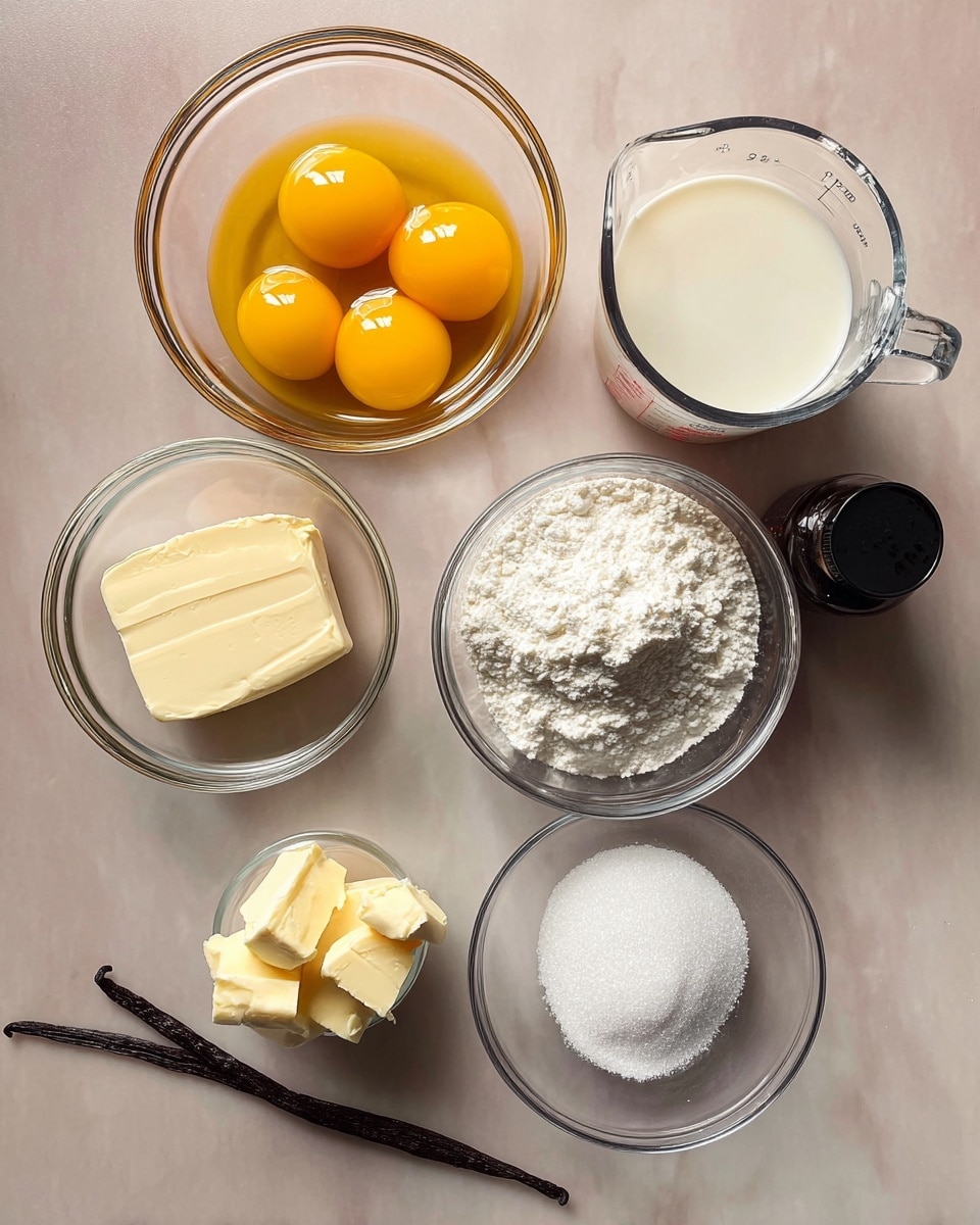 The image shows seven items arranged on a white marbled surface. There is a small clear glass bowl with four bright yellow egg yolks positioned near the center-left. Above it, a translucent plastic container holds a white liquid. To the right of that, a clear glass measuring cup contains a creamy white liquid. Below the measuring cup, a small glass bowl is filled with white powdered flour. To the bottom left of the flour, another small glass bowl holds two thick pale yellow butter pieces. To the right of the butter, a glass bowl is filled with white sugar crystals. Near the bottom of the image, a black bottle with a dark cap lies next to a vanilla bean, both placed horizontally. All items are spaced neatly, and the overall tone is warm with clear glass textures and white food ingredients. Photo taken with an iphone --ar 4:5 --v 7