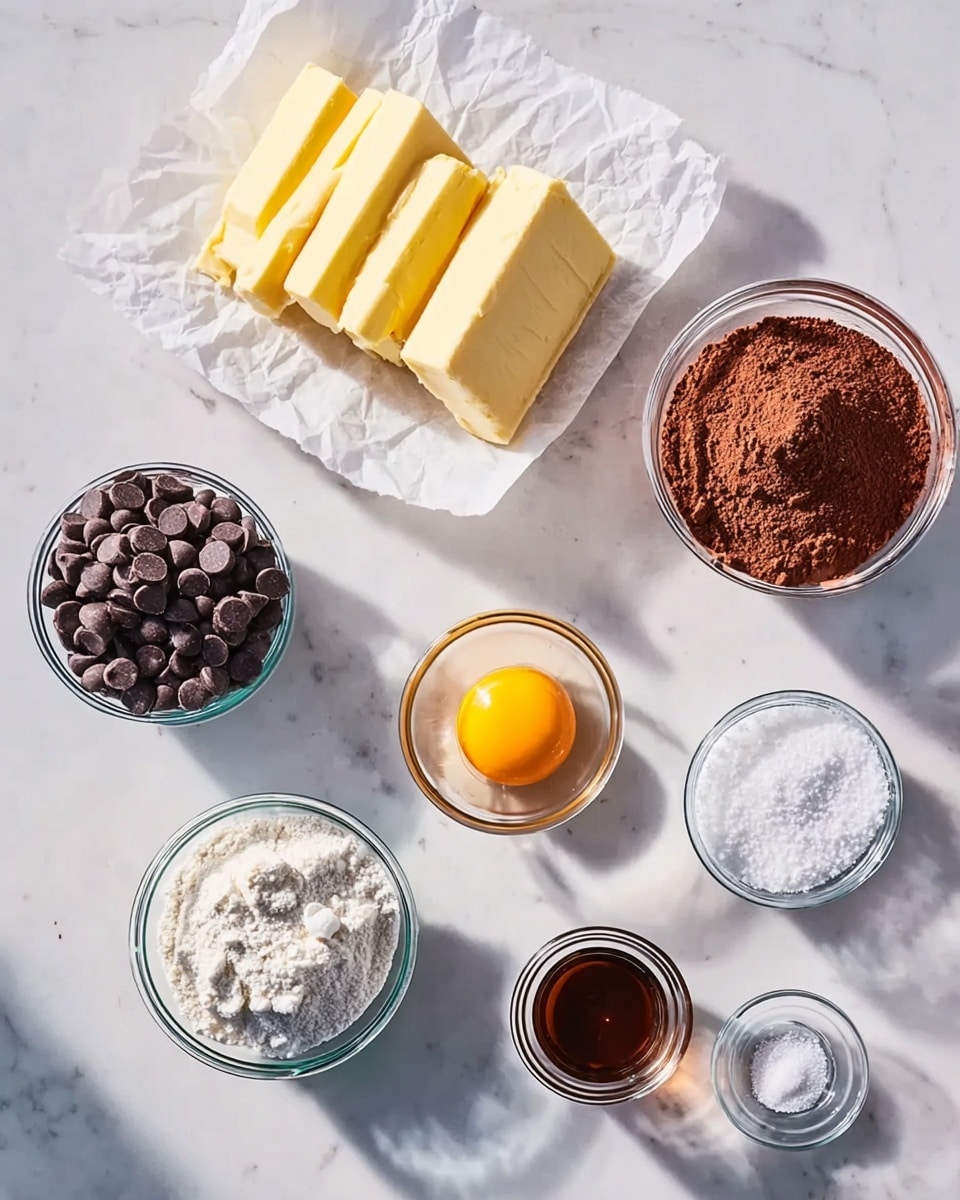 The image shows ingredients arranged neatly on a white marbled surface. Starting from the top, there are five slices of yellow butter placed on a piece of white parchment paper. Below and to the left, there is a small pile of smooth, dark brown chocolate chips. In the center, a clear glass bowl holds one whole raw egg with a bright yellow yolk. To the right of the bowl, another small bowl contains fine reddish-brown cocoa powder. Surrounding these central items are small glass bowls with white sugar, a dark brown liquid (likely vanilla extract), white powder (probably baking soda), and small white salt grains. Soft shadows fall gently from all items. photo taken with an iphone --ar 4:5 --v 7