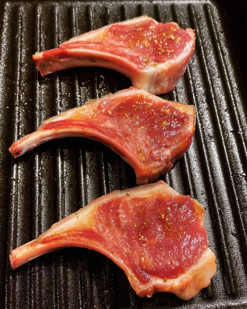 Three raw lamb chops with long white bones and pinkish-red meat are placed diagonally in a row on a black ridged grill pan. The meat is shiny with a light glaze and has small light brown seasoning bits on top. The grill pan surface is textured with parallel ridges running horizontally under the chops. Photo taken with an iphone --ar 4:5 --v 7