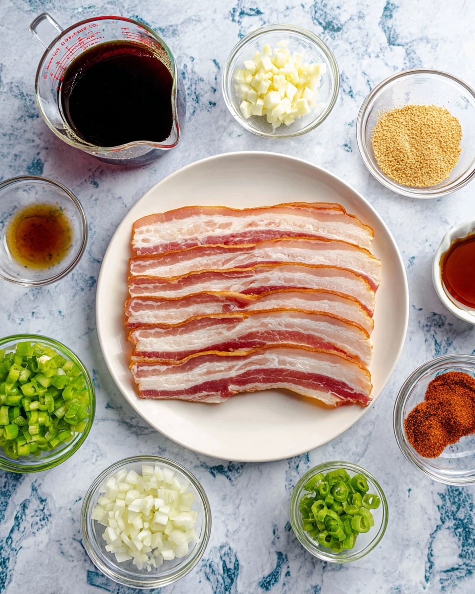 A white plate sits in the middle on a white marbled surface, holding several long, flat slices of uncooked bacon with visible layers of pink and white fat stripes. Surrounding the plate in a loose circle are small clear glass bowls filled with chopped white onions, chopped green peppers with seeds, chopped garlic, light brown sugar, a dark brown liquid, a lighter brown liquid, and reddish spices in two small bowls. A clear glass measuring cup with a dark liquid is at the top left corner. The image is bright and clear with soft shadows. Photo taken with an iphone --ar 4:5 --v 7