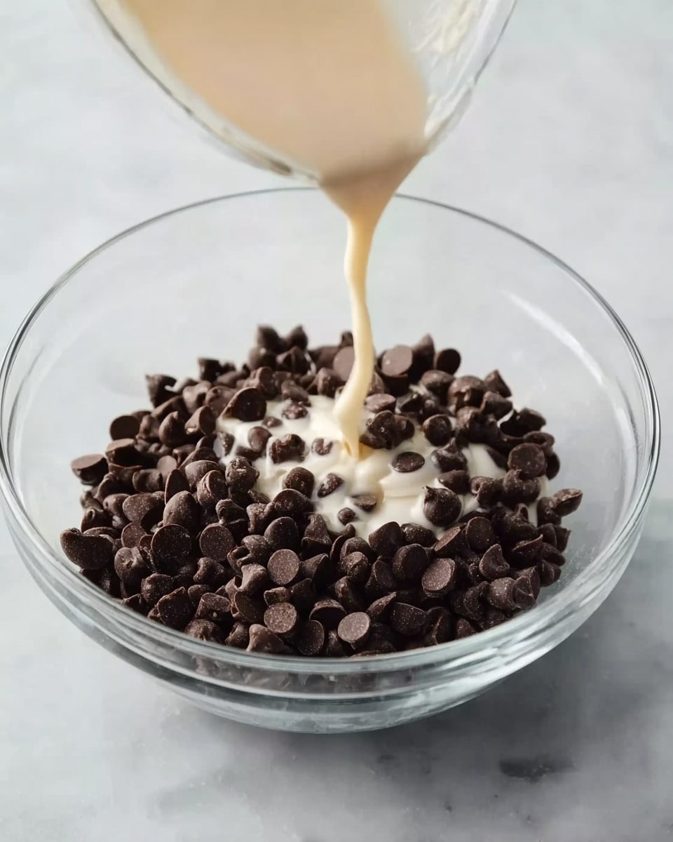 A clear glass bowl filled with many dark brown chocolate chips, with a pale cream liquid being poured from above into the center of the bowl, mixing with the chocolate chips. The bowl is placed on a white marbled surface. Photo taken with an iphone --ar 4:5 --v 7