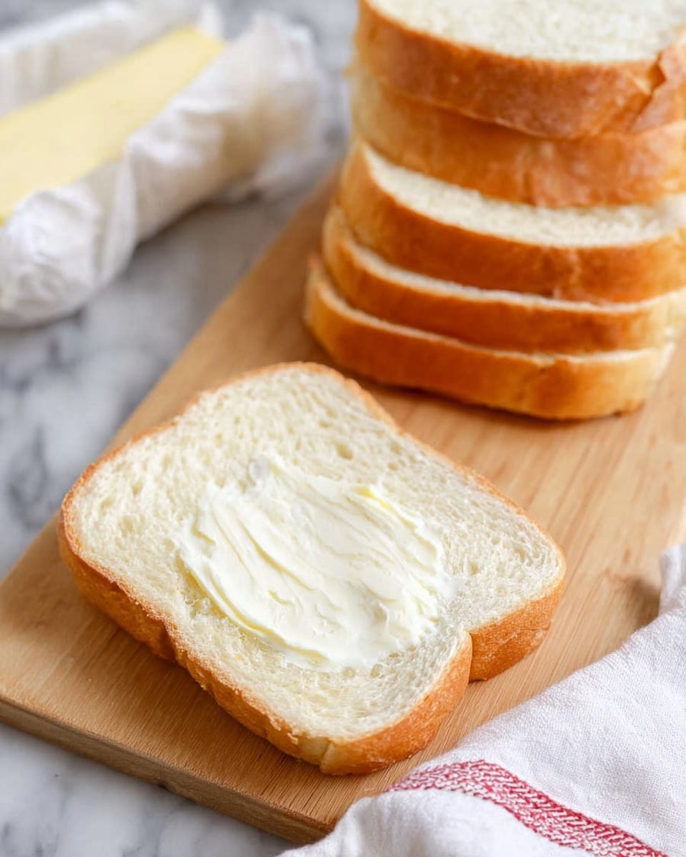 A single slice of white bread lays flat on a light wooden board, spread with a thin layer of smooth butter that gives a soft, creamy texture to the surface. Behind it, there is a small stack of about five more slices of the same white bread, showing soft, fluffy interiors with a golden-brown crust on top. To the left, part of a butter stick wrapped in paper is visible, while on the bottom right, a white cloth with red stripes is gently folded, all placed on a white marbled surface. photo taken with an iphone --ar 4:5 --v 7
