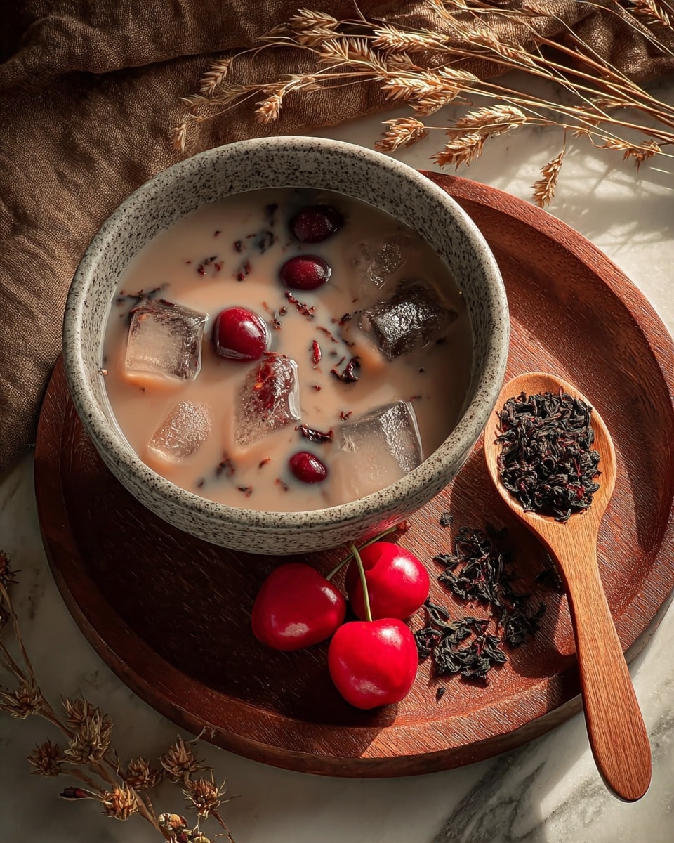 A speckled gray bowl holds a milky light brown liquid with loose tea leaves, several translucent ice cubes, and dark red whole cherries floating on top. The bowl sits on a round wooden tray with a smooth, rich brown finish. On the tray next to the bowl, there are two bright red cherries with stems and a wooden spoon filled with loose black tea leaves. The scene is set on a white marbled surface with a textured brown cloth partially visible and dried plant stalks scattered around. The light creates a warm and cozy atmosphere. photo taken with an iphone --ar 4:5 --v 7