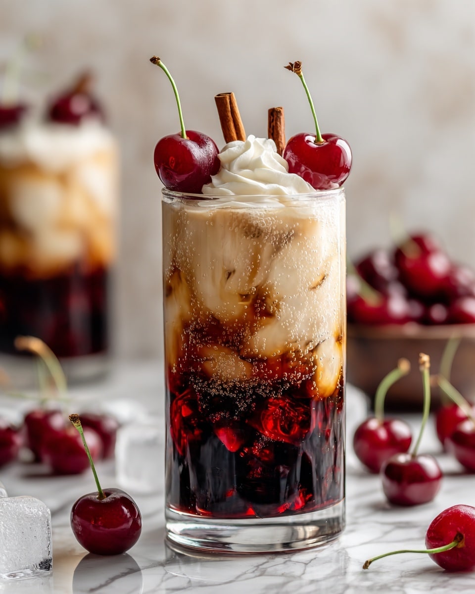 The image shows three tall clear glasses filled with a layered drink. The bottom layer is a dark red color with a thick texture, swirling up into a creamy light tan layer that makes a marbled effect inside the glass. Each glass has a few ice cubes floating near the top. On top, there is a whole shiny red cherry with the stem still on, and a cinnamon stick positioned upright beside the cherry in each glass. The surface they rest on is a white marbled texture with scattered cherries, vanilla beans, and ice cubes around. Photo taken with an iphone --ar 4:5 --v 7