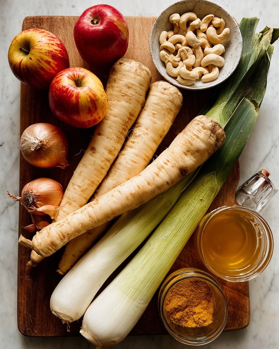 The image shows a wooden board with various fresh ingredients arranged on it. There are five pale beige parsnips with rough skin stacked in the center, some leaning on the right side. Two long, white leeks with dark green leaves lay diagonally across the board, below the parsnips. Two red apples with yellow streaks are placed near the top left, next to a reddish-brown shallot and a bulb of garlic. A small white bowl filled with cashew nuts sits near the top right. On the right side, there is a small glass container filled with a golden-yellow spice and a taller glass jar filled with a golden liquid. At the bottom left corner, there are two bottles, partially visible, lying on the board. The scene has a white marbled surface background. photo taken with an iphone --ar 4:5 --v 7