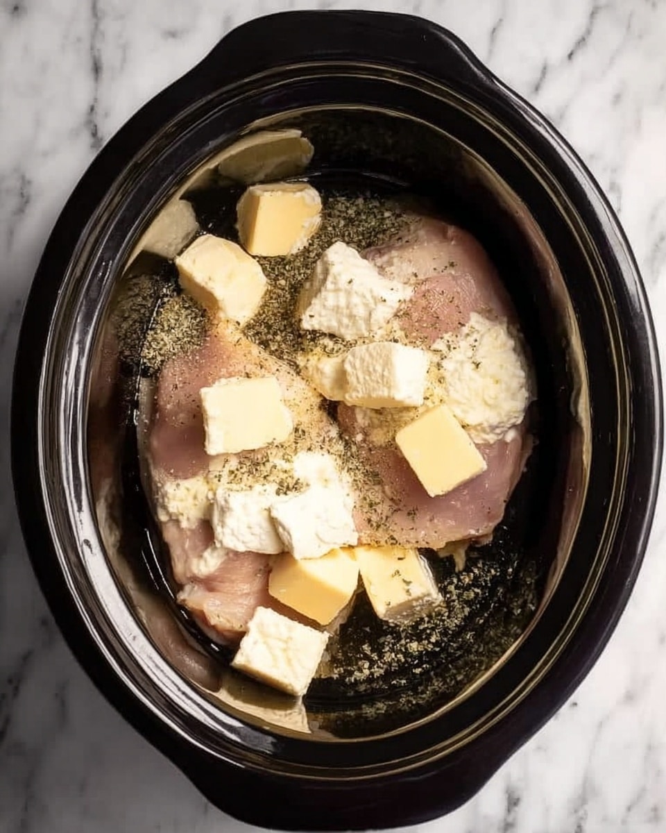 Inside a black slow cooker, there are two large pieces of pale pink chicken placed on the bottom layer. On top of the chicken, uneven small cubes of light yellow butter and soft white cream cheese dollops are scattered. There is a light sprinkling of coarse spices and herbs covering the cheese and chicken. The slow cooker is set on a white marbled surface. photo taken with an iphone --ar 4:5 --v 7
