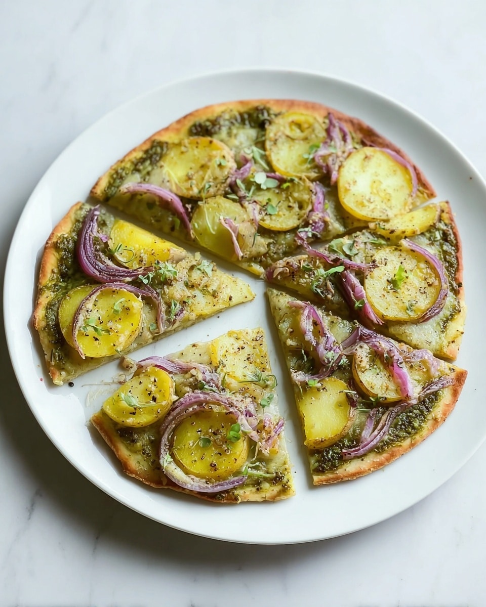 The dish is a pizza cut into six slices on a white plate, placed on a white marbled surface. The crust is thin and golden brown. The first layer is a green sauce spread evenly over the crust, which looks like pesto. On top, there are round yellow slices that appear to be cooked potatoes, scattered across the pizza. Thin strips of purple-red onion are placed over the potatoes. The pizza is sprinkled lightly with black pepper and some green herbs. Overall, the colors are green, yellow, and purple on a golden crust with a clean white plate background. Photo taken with an iphone --ar 4:5 --v 7
