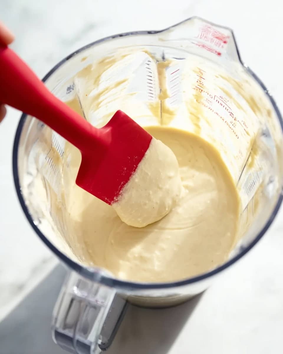 A clear blender container filled with a creamy, pale yellow batter with a smooth, thick texture inside. A woman's hand holds a red spatula, gently scraping the batter from the side of the blender. The blender is set on a white marbled surface, bright natural light highlights the soft shine and smoothness of the batter and the clear plastic of the blender. Photo taken with an iphone --ar 4:5 --v 7