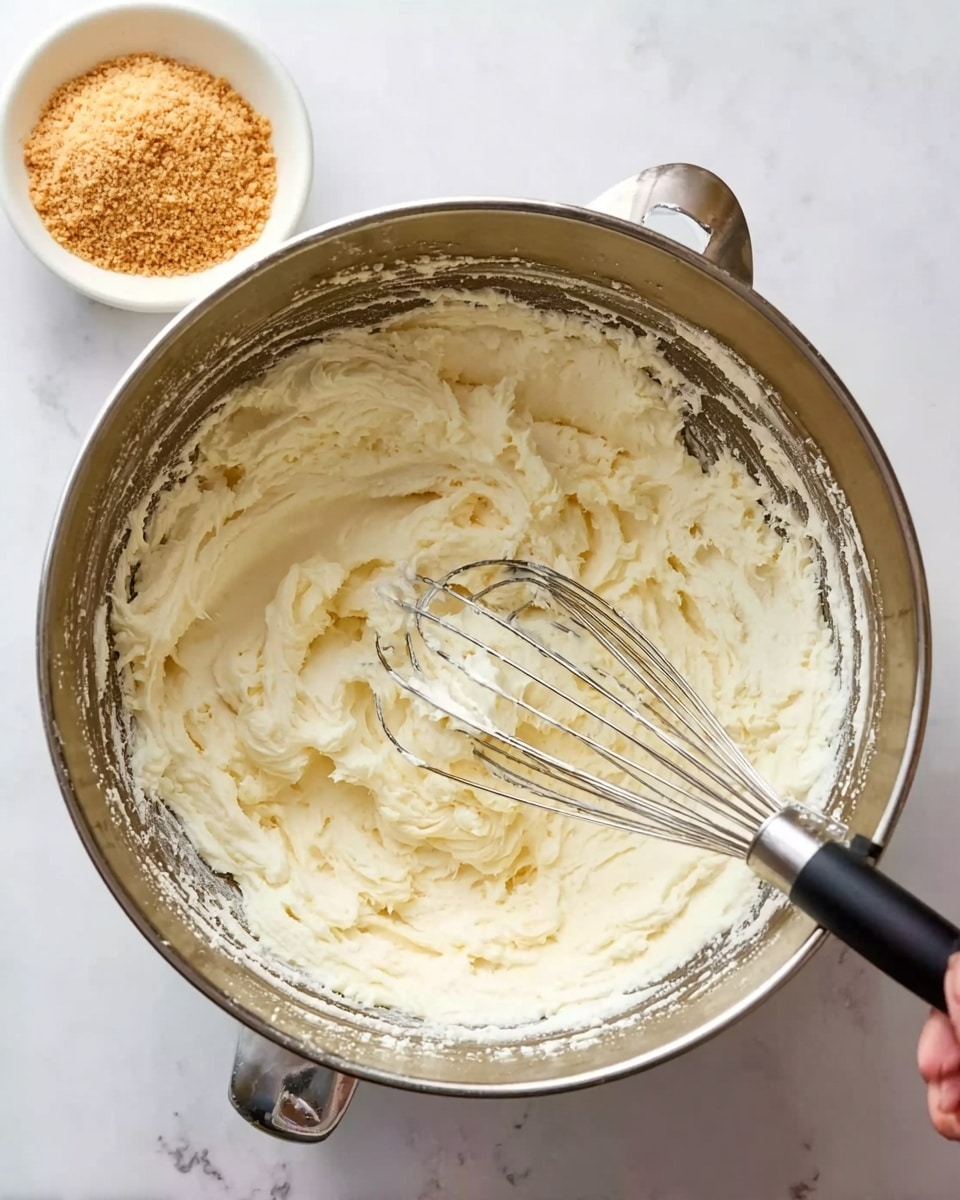 A large silver mixing bowl with creamy, fluffy white batter inside, thick in texture with some peaks and swirls. A metal whisk with a black handle is resting inside the bowl, partially covered in the batter. The bowl sits on a white marbled surface, and in the top left corner there is a small white bowl filled with light brown crumbs. A woman's hand is holding the bowl from the left side. photo taken with an iphone --ar 4:5 --v 7