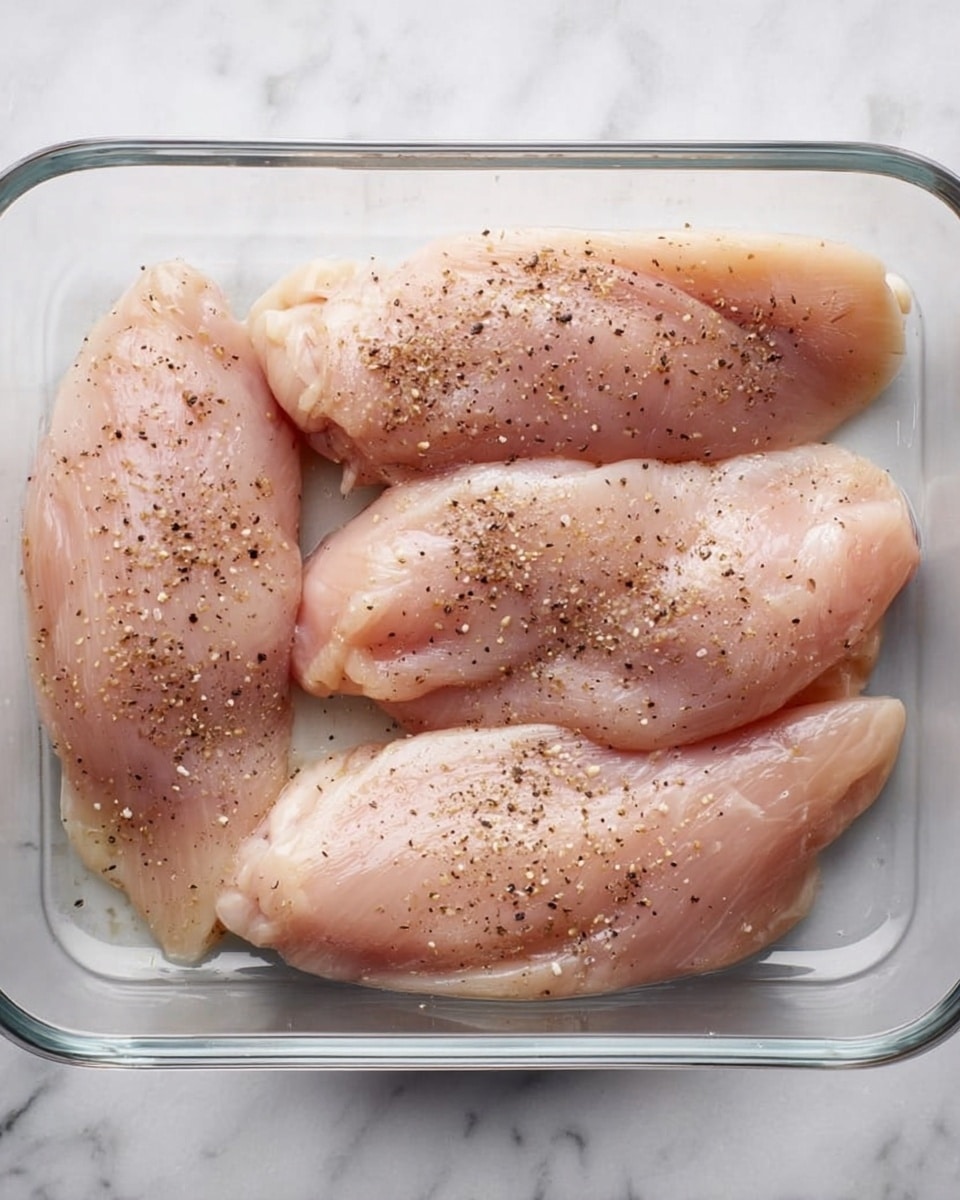 A clear rectangular glass baking dish holds four raw chicken fillets, each fillet laid side by side, slightly touching. The chicken pieces are a pale pink color with a smooth, moist texture, and they are evenly sprinkled with coarse black pepper and salt. The dish sits on a white marbled surface, and the scene shows a clean and simple food prep setting. photo taken with an iphone --ar 4:5 --v 7