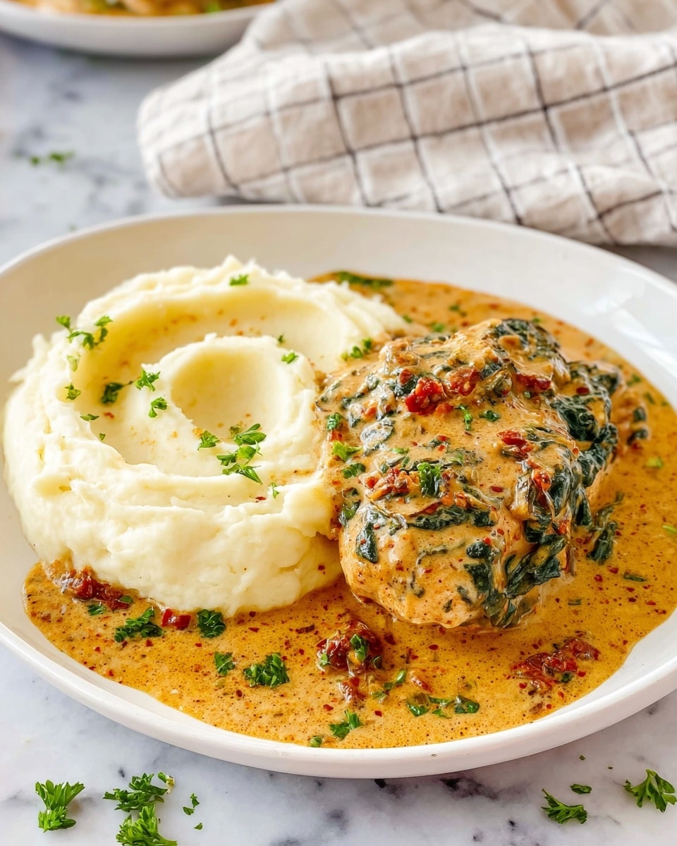 A white plate holds two main layers: on the left, a swirl of smooth, creamy white mashed potatoes shaped with a small well in the middle; on the right, a thick, golden-brown sauce rich with small chunks of cooked spinach and bits of sun-dried tomato. Resting partially on the mashed potatoes and surrounded by the sauce, there is a cooked piece of chicken topped with the same creamy sauce, giving a glossy, slightly textured look with visible herbs and spices. Small green parsley pieces are scattered on the plate and around the food, placed on a white marbled surface. A soft cloth napkin with checkered lines is blurred in the background. Photo taken with an iphone --ar 4:5 --v 7