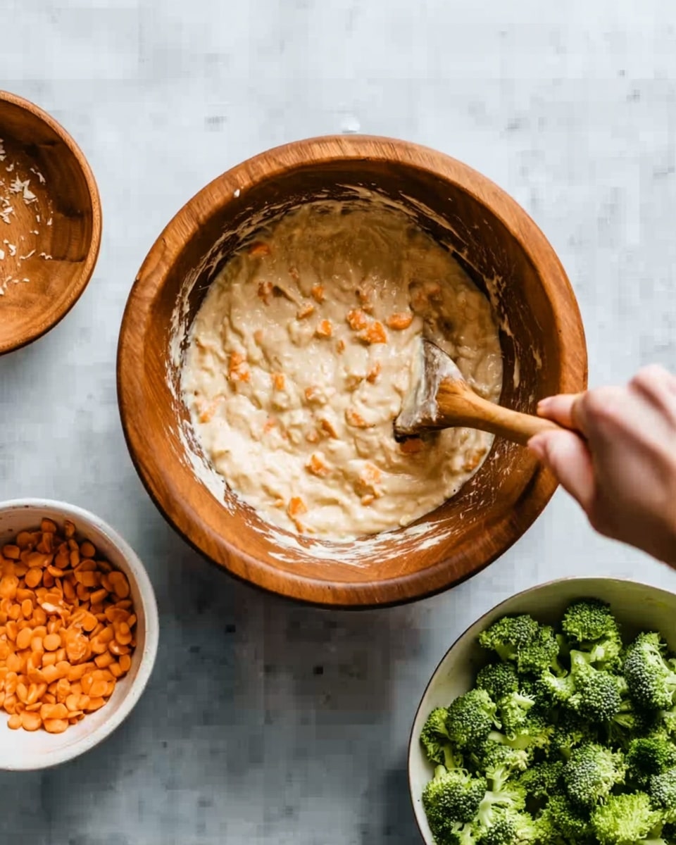 The image shows a wooden bowl filled with a thick, creamy mixture with small orange bits, held by a woman's hand holding a wooden spoon stirring the mixture. To the left of the wooden bowl, there is a white bowl filled with small orange pieces, while to the right, there is a white bowl with green broccoli pieces. All the bowls are placed on a white marbled surface. photo taken with an iphone --ar 4:5 --v 7