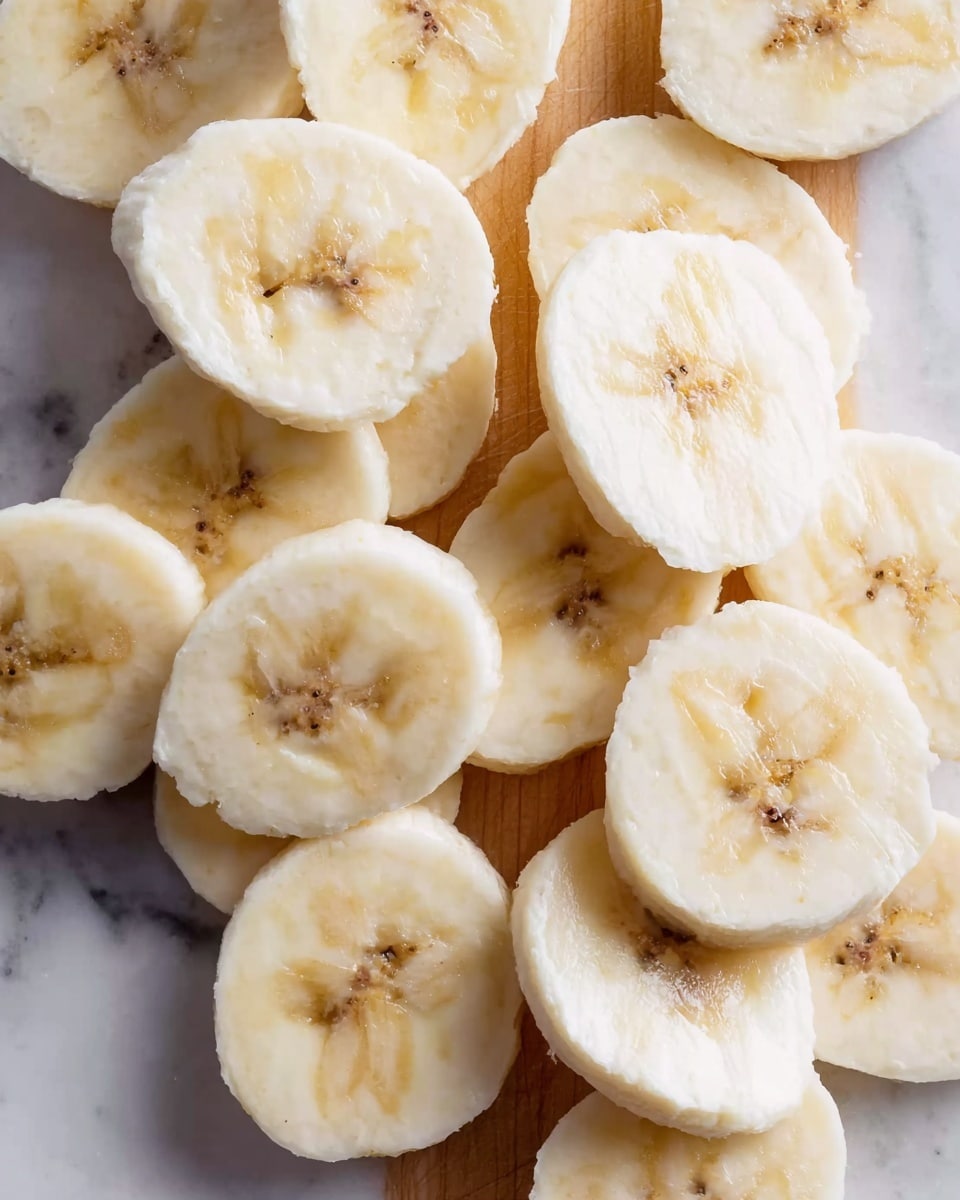 A close-up view of many banana slices placed randomly on a white marbled surface that looks like a cutting board. Each slice shows a pale yellowish-white color with faint brown spots in the middle, and the texture looks soft and fresh. The slices are uneven and overlap slightly, with the soft inner part and smooth edges clearly visible. The background contrasts with the bananas, making the light color stand out. photo taken with an iphone --ar 4:5 --v 7